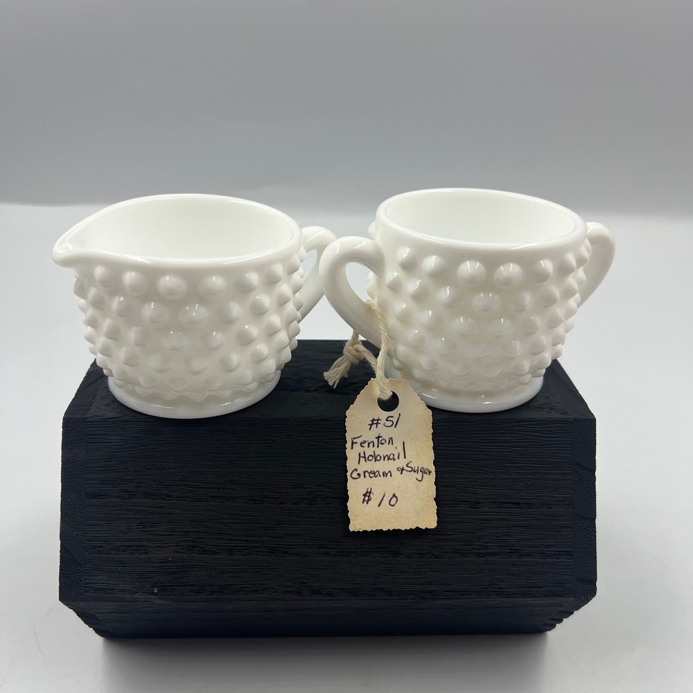 Vintage Fenton Hobnail Cream & Sugar Mini Dish Set Milk Glass Decorative